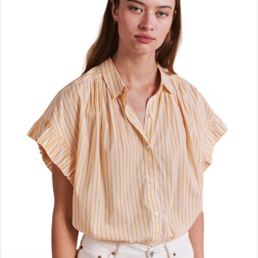 Trovata Marianne B Ruffle Sleeve Shirt, Citrine Stripe Size Medium EUC.